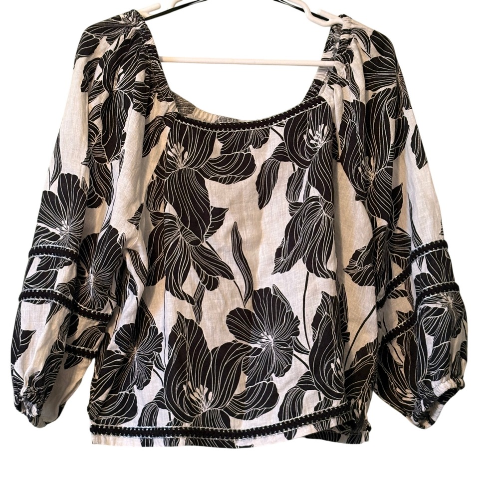 Tahari Womens 100% Linen Floral Balloon Sleeve Blouse Black White Large